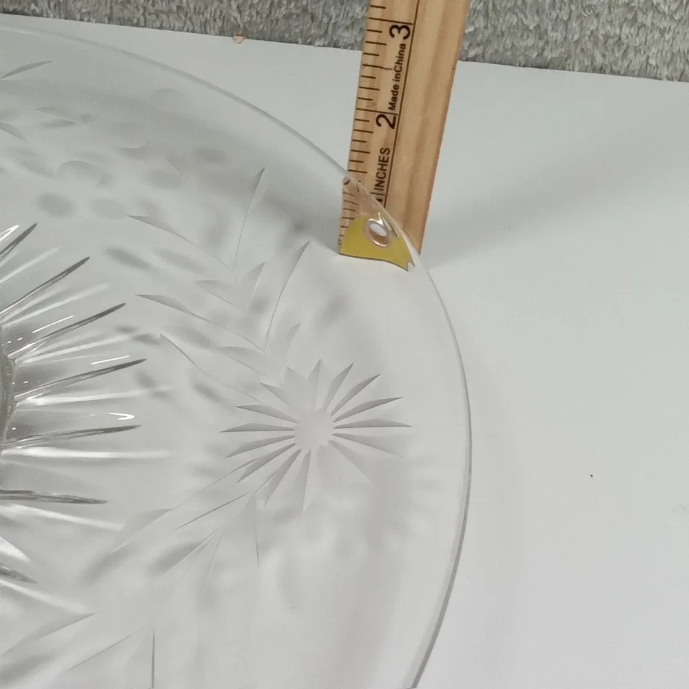 Vintage Etched Floral Glass Platter 13.5 Inch Round‎ Sunburst  Clear Frosted